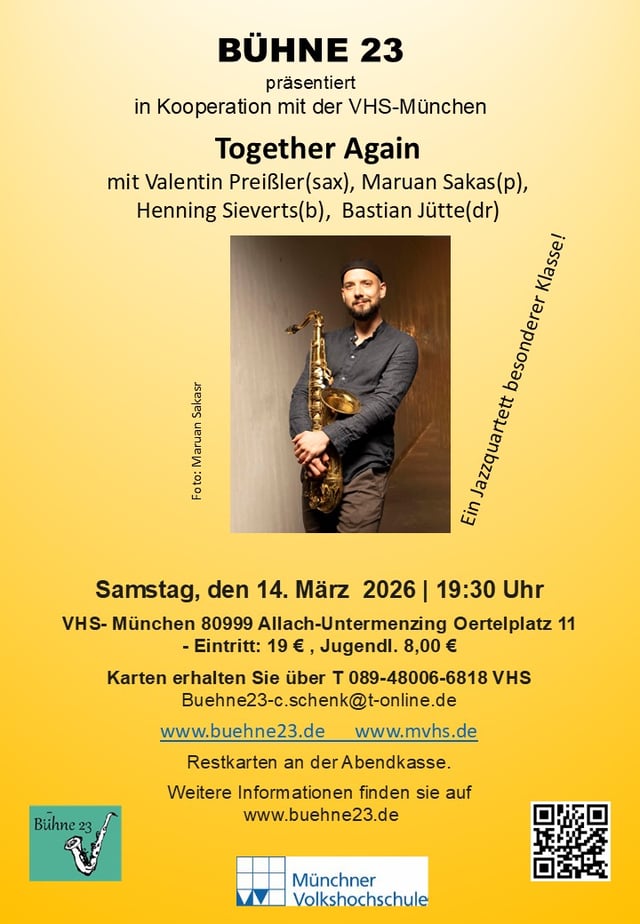 Plakat - Together Again - Konzert am 14. März 2026 um 19:30 Uhr v. preißler(sax) m. sakas(p) h. sieverts(b) b. jütte(dr) Foto: Johannes Rodach