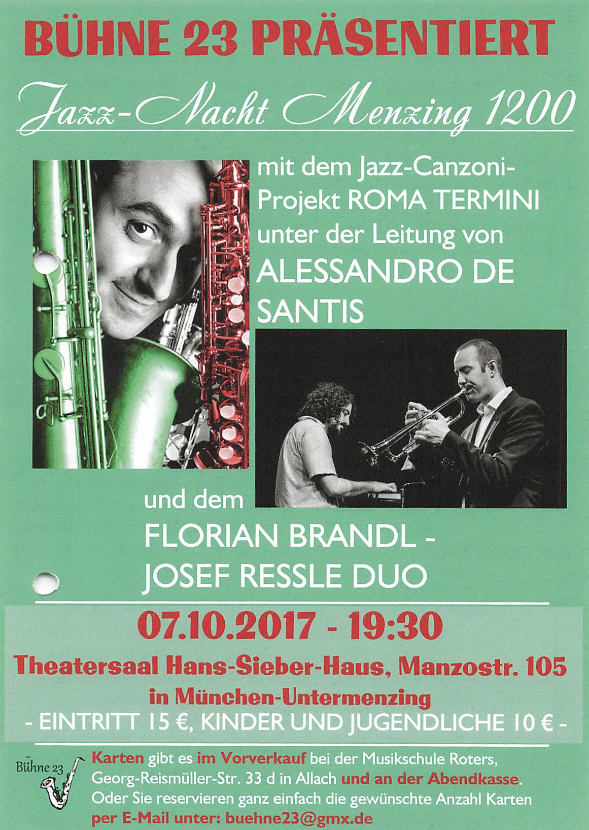 Konzert-Plakat vom 07-10-2017 Jazznacht Menzing 1200 mit Roma Termini mit Florian Brandl-Josef Ressle-Duo Ltg: Alessandro de Santis, Florian Brandl(tr) und Josef Ressle (p)