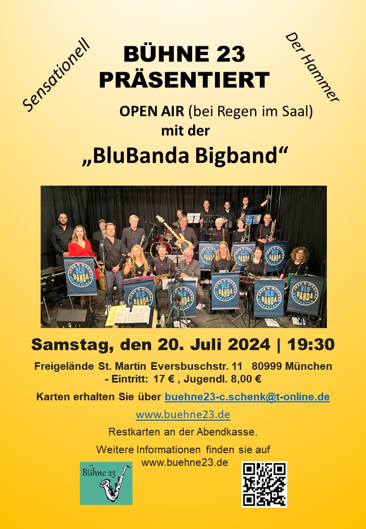 Konzertplakat Blubanda Bigband open air 20-07-2024 19:30h Freigelände St. Martin Untermenzing