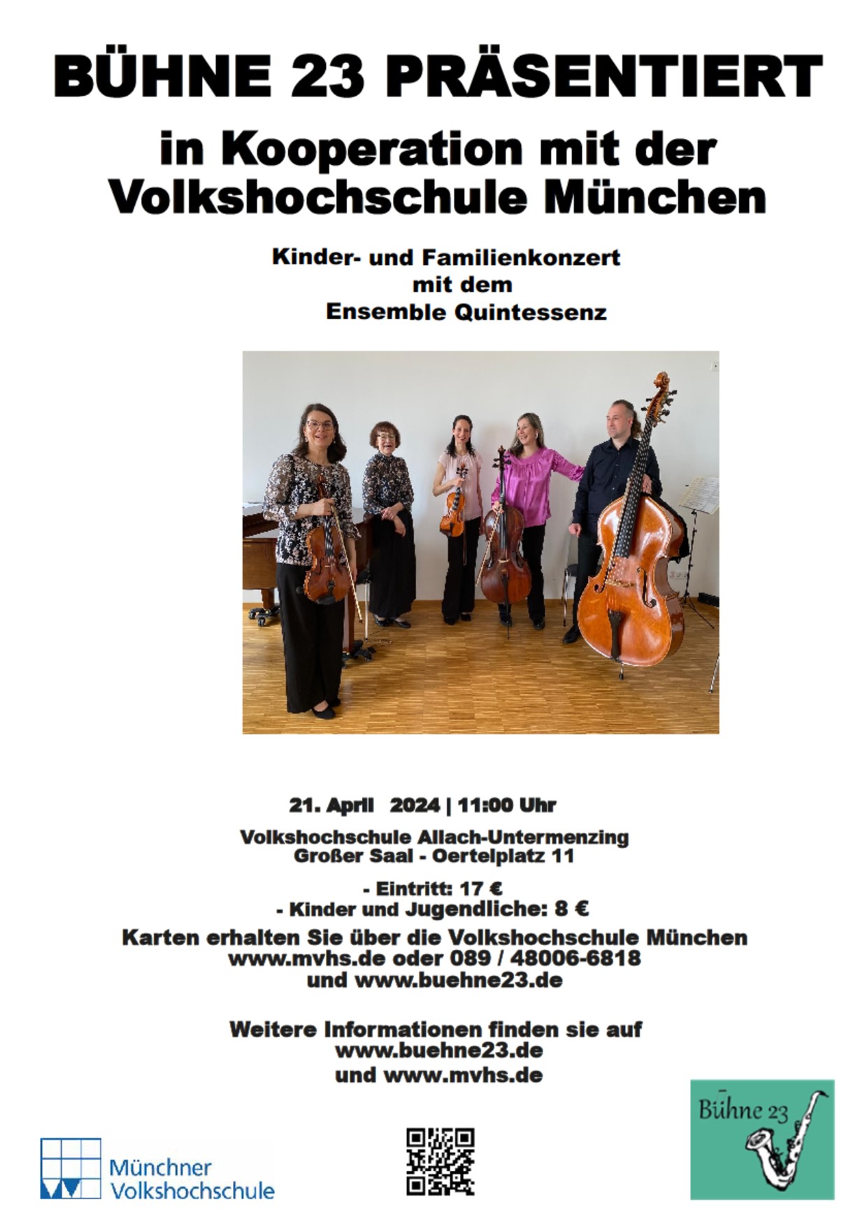 Konzert-Plakat: Kinder- und Familienkonzert mit dem Ensemple Quintessenz am 21-04-2024 11:00h im gr. Saal der VHSM-Allach