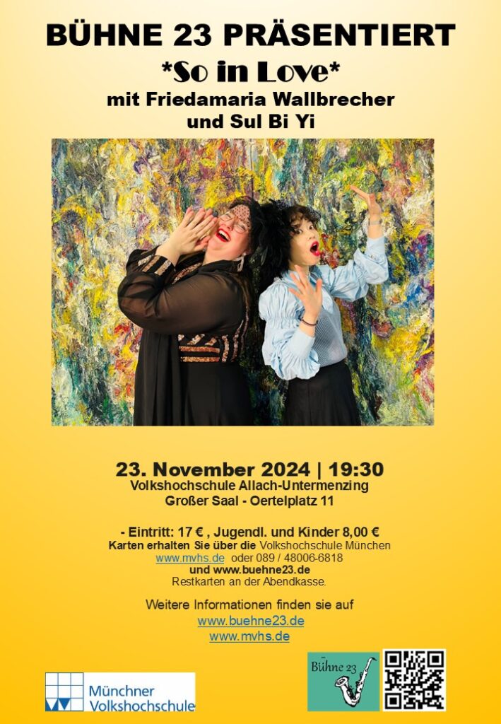 Konzertplakat vom 23-11-2024 "So In Love" mit Friedamaria Wallbrecher(sop), Sul Bi Yi(p)
